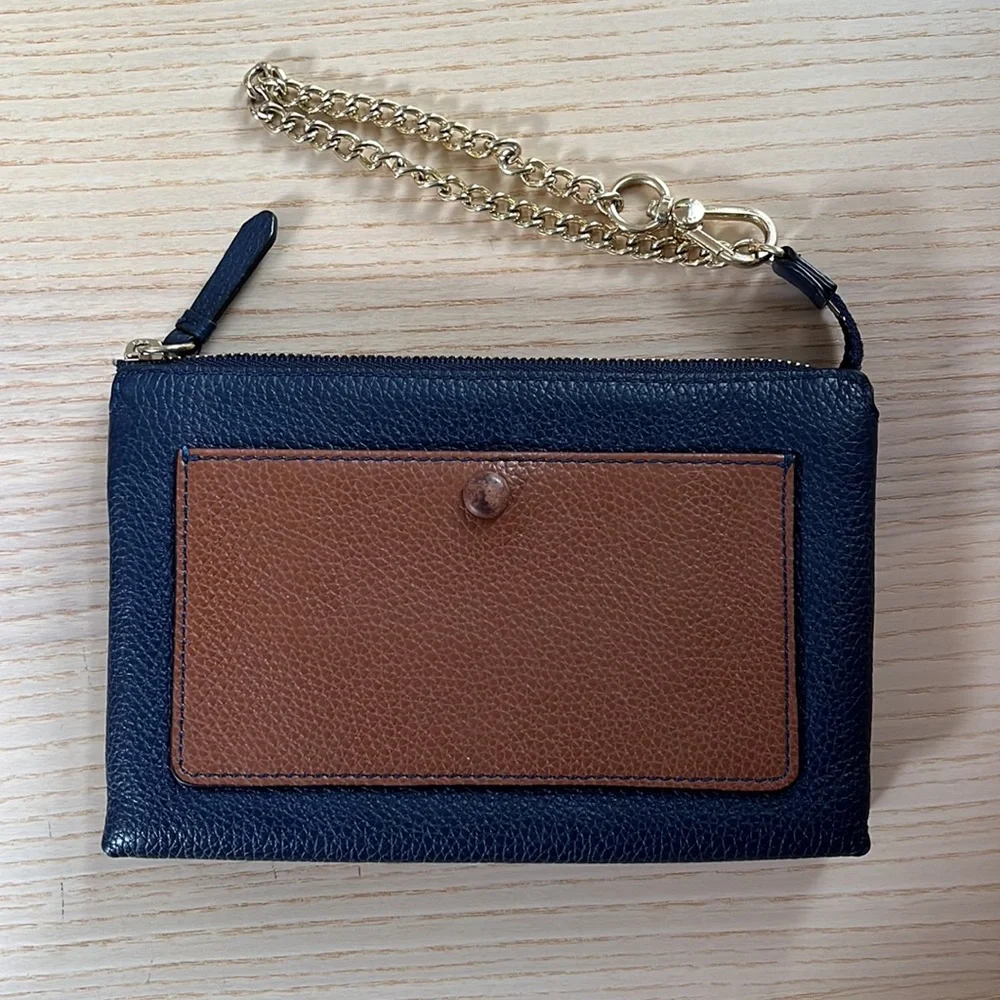 COLE HAAN GRANDSERIES Pebbled Leather Wristlet Pouch Navy Green Cognac